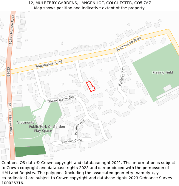 12, MULBERRY GARDENS, LANGENHOE, COLCHESTER, CO5 7AZ: Location map and indicative extent of plot