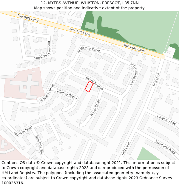 12, MYERS AVENUE, WHISTON, PRESCOT, L35 7NN: Location map and indicative extent of plot