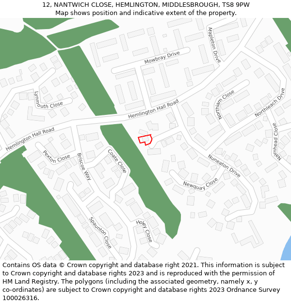 12, NANTWICH CLOSE, HEMLINGTON, MIDDLESBROUGH, TS8 9PW: Location map and indicative extent of plot