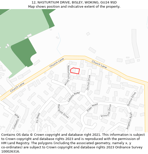 12, NASTURTIUM DRIVE, BISLEY, WOKING, GU24 9SD: Location map and indicative extent of plot