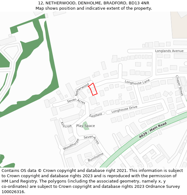12, NETHERWOOD, DENHOLME, BRADFORD, BD13 4NR: Location map and indicative extent of plot