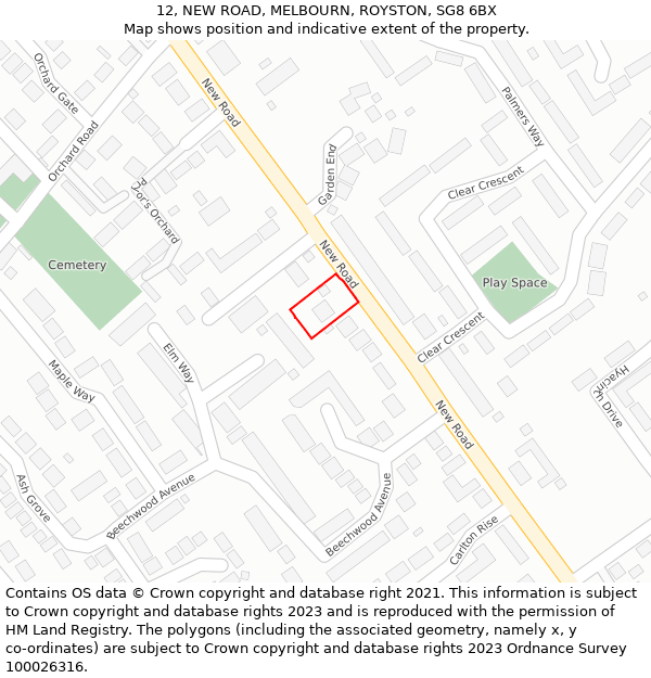 12, NEW ROAD, MELBOURN, ROYSTON, SG8 6BX: Location map and indicative extent of plot