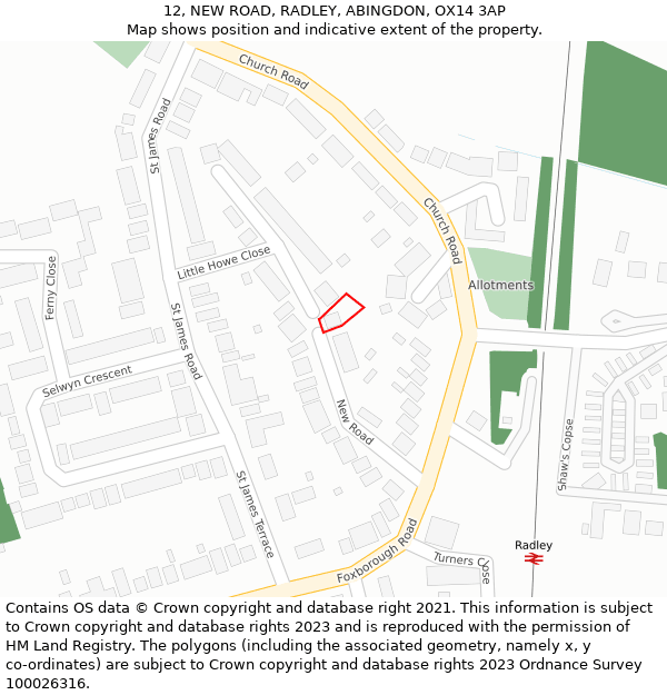 12, NEW ROAD, RADLEY, ABINGDON, OX14 3AP: Location map and indicative extent of plot