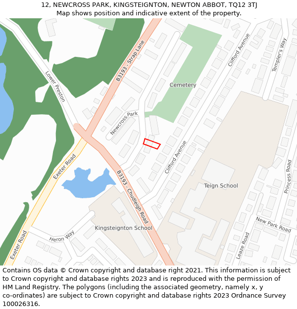 12, NEWCROSS PARK, KINGSTEIGNTON, NEWTON ABBOT, TQ12 3TJ: Location map and indicative extent of plot