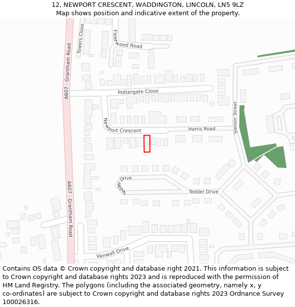 12, NEWPORT CRESCENT, WADDINGTON, LINCOLN, LN5 9LZ: Location map and indicative extent of plot