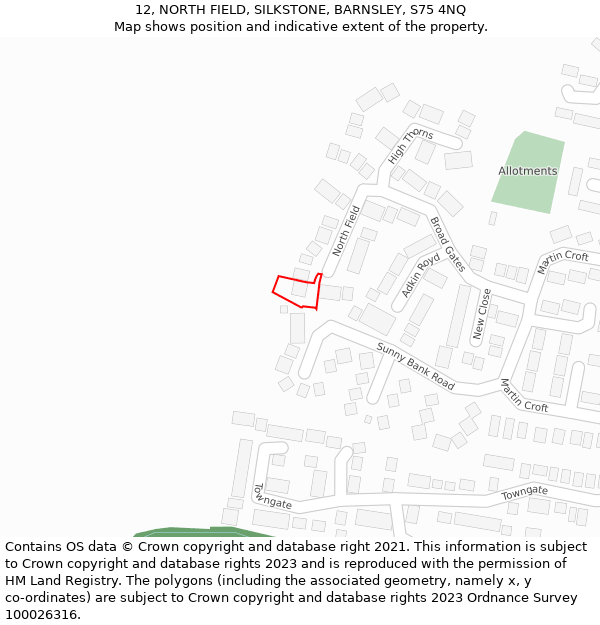 12, NORTH FIELD, SILKSTONE, BARNSLEY, S75 4NQ: Location map and indicative extent of plot