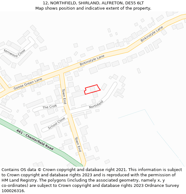 12, NORTHFIELD, SHIRLAND, ALFRETON, DE55 6LT: Location map and indicative extent of plot