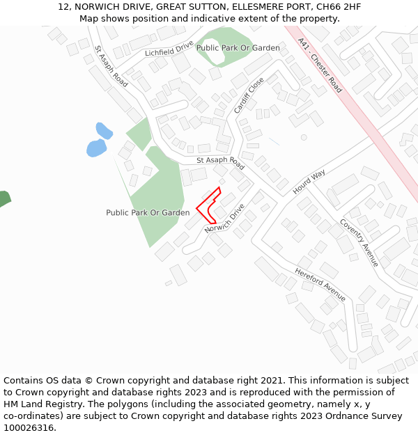 12, NORWICH DRIVE, GREAT SUTTON, ELLESMERE PORT, CH66 2HF: Location map and indicative extent of plot
