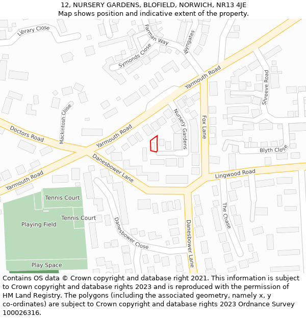 12, NURSERY GARDENS, BLOFIELD, NORWICH, NR13 4JE: Location map and indicative extent of plot