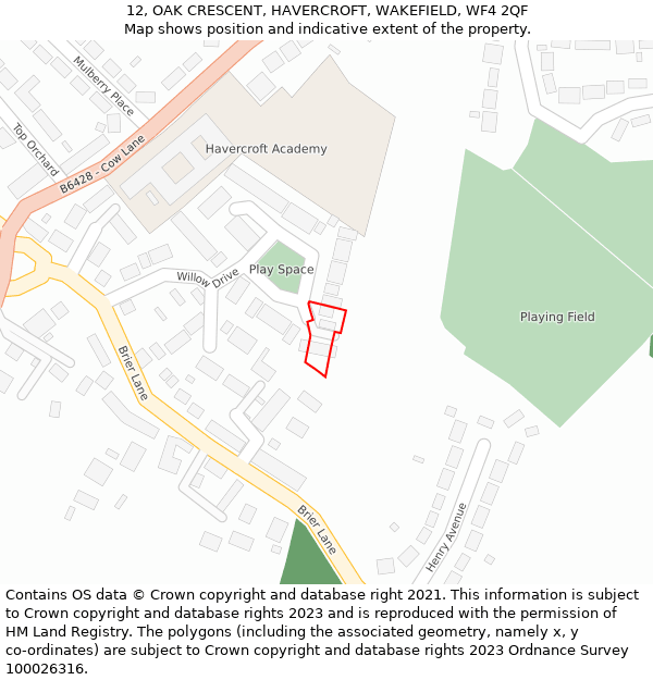 12, OAK CRESCENT, HAVERCROFT, WAKEFIELD, WF4 2QF: Location map and indicative extent of plot