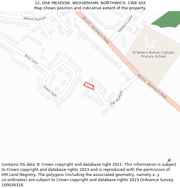 12, OAK MEADOW, WEAVERHAM, NORTHWICH, CW8 3AX: Location map and indicative extent of plot