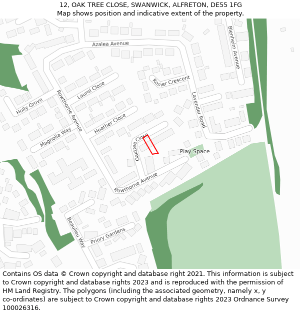 12, OAK TREE CLOSE, SWANWICK, ALFRETON, DE55 1FG: Location map and indicative extent of plot