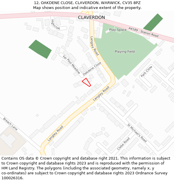 12, OAKDENE CLOSE, CLAVERDON, WARWICK, CV35 8PZ: Location map and indicative extent of plot