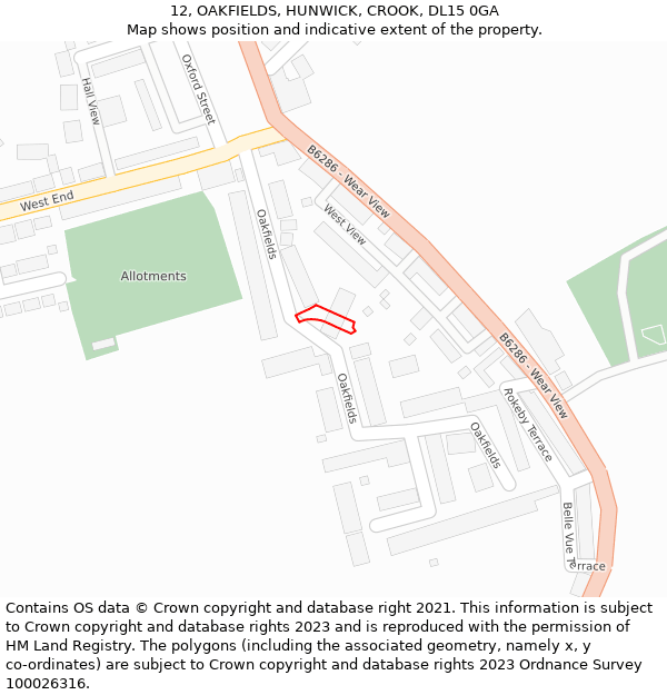 12, OAKFIELDS, HUNWICK, CROOK, DL15 0GA: Location map and indicative extent of plot