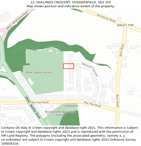 12, OAKLANDS CRESCENT, HUDDERSFIELD, HD2 2FX: Location map and indicative extent of plot