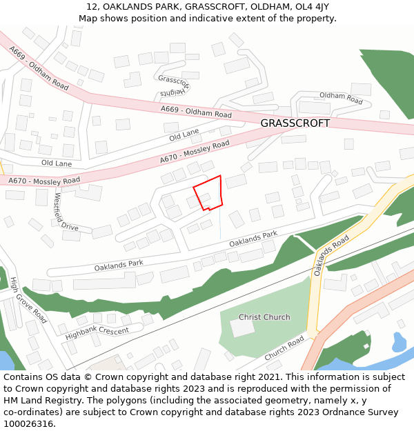 12, OAKLANDS PARK, GRASSCROFT, OLDHAM, OL4 4JY: Location map and indicative extent of plot