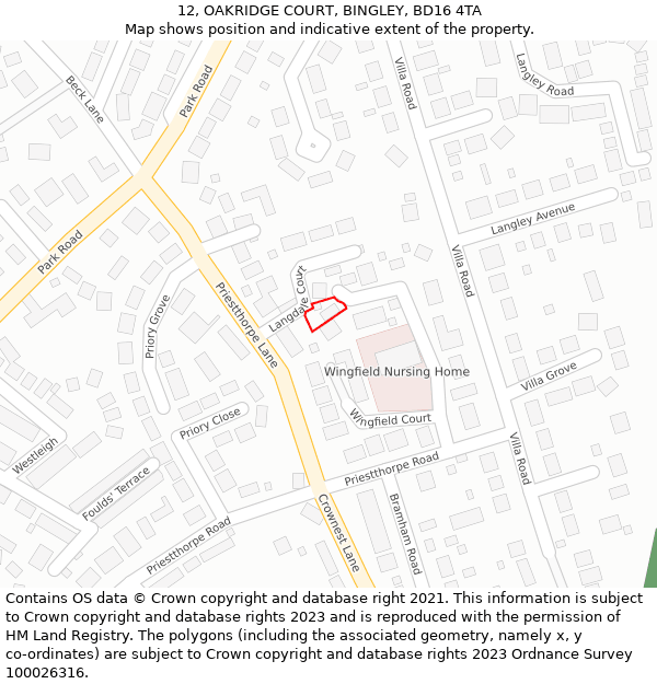 12, OAKRIDGE COURT, BINGLEY, BD16 4TA: Location map and indicative extent of plot