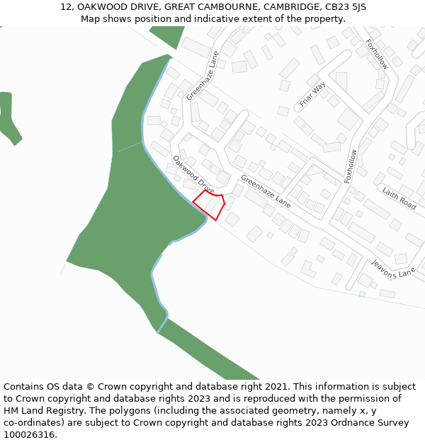 12, OAKWOOD DRIVE, GREAT CAMBOURNE, CAMBRIDGE, CB23 5JS: Location map and indicative extent of plot