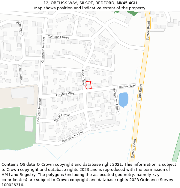 12, OBELISK WAY, SILSOE, BEDFORD, MK45 4GH: Location map and indicative extent of plot