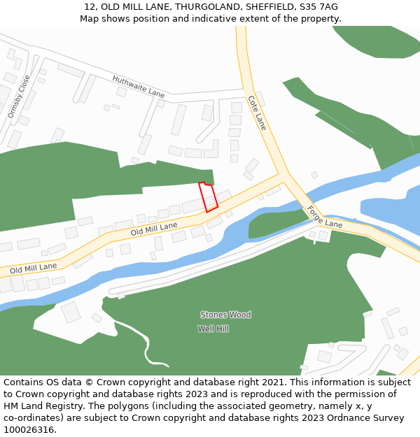 12, OLD MILL LANE, THURGOLAND, SHEFFIELD, S35 7AG: Location map and indicative extent of plot