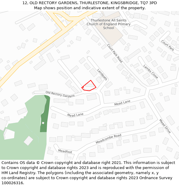 12, OLD RECTORY GARDENS, THURLESTONE, KINGSBRIDGE, TQ7 3PD: Location map and indicative extent of plot