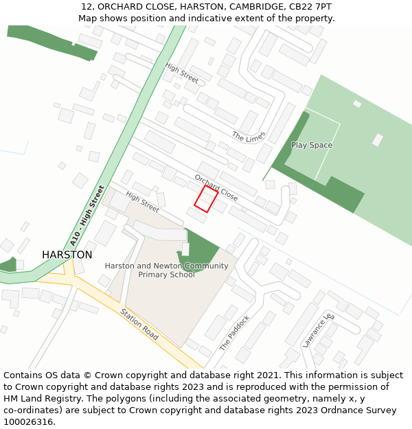 12, ORCHARD CLOSE, HARSTON, CAMBRIDGE, CB22 7PT: Location map and indicative extent of plot
