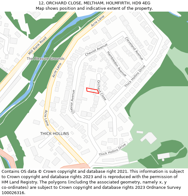 12, ORCHARD CLOSE, MELTHAM, HOLMFIRTH, HD9 4EG: Location map and indicative extent of plot