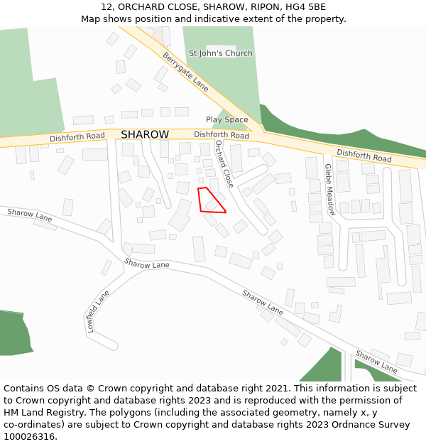 12, ORCHARD CLOSE, SHAROW, RIPON, HG4 5BE: Location map and indicative extent of plot