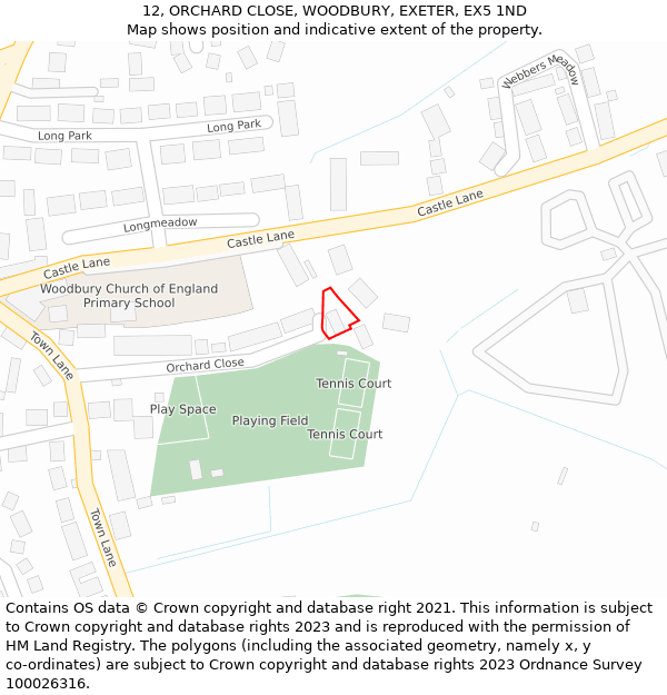 12, ORCHARD CLOSE, WOODBURY, EXETER, EX5 1ND: Location map and indicative extent of plot