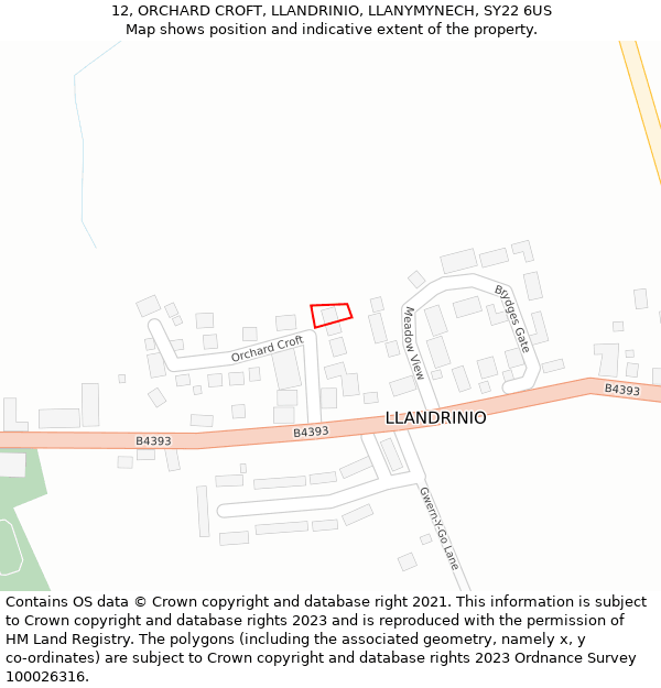 12, ORCHARD CROFT, LLANDRINIO, LLANYMYNECH, SY22 6US: Location map and indicative extent of plot