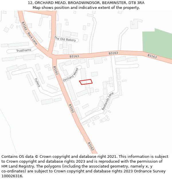 12, ORCHARD MEAD, BROADWINDSOR, BEAMINSTER, DT8 3RA: Location map and indicative extent of plot