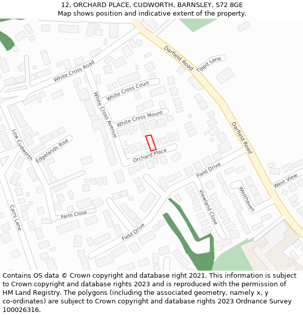 12, ORCHARD PLACE, CUDWORTH, BARNSLEY, S72 8GE: Location map and indicative extent of plot