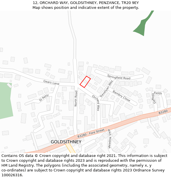 12, ORCHARD WAY, GOLDSITHNEY, PENZANCE, TR20 9EY: Location map and indicative extent of plot