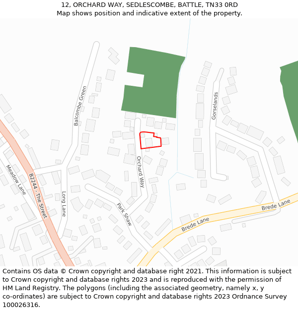 12, ORCHARD WAY, SEDLESCOMBE, BATTLE, TN33 0RD: Location map and indicative extent of plot