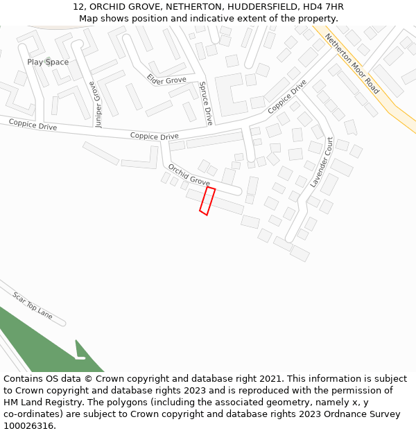 12, ORCHID GROVE, NETHERTON, HUDDERSFIELD, HD4 7HR: Location map and indicative extent of plot