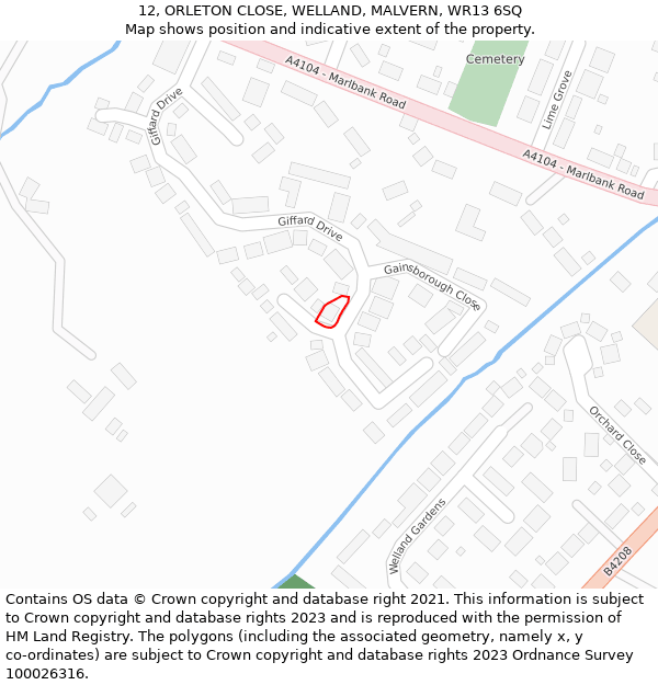 12, ORLETON CLOSE, WELLAND, MALVERN, WR13 6SQ: Location map and indicative extent of plot
