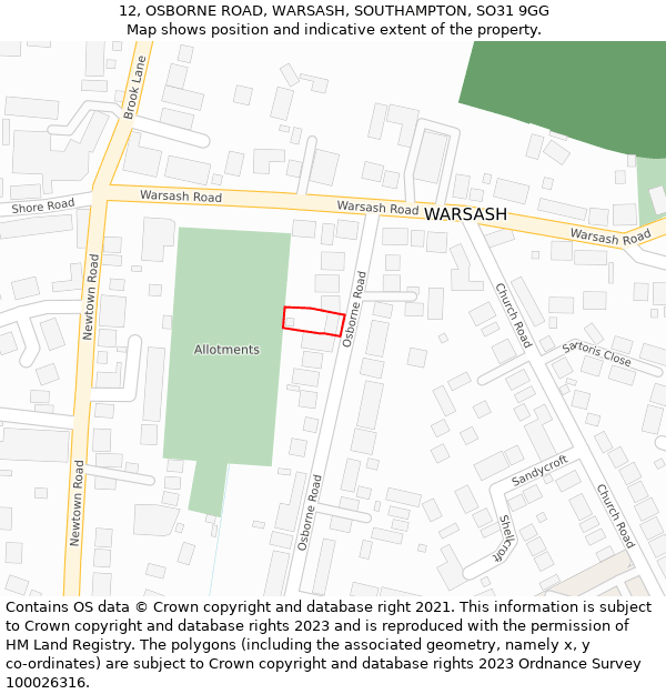 12, OSBORNE ROAD, WARSASH, SOUTHAMPTON, SO31 9GG: Location map and indicative extent of plot