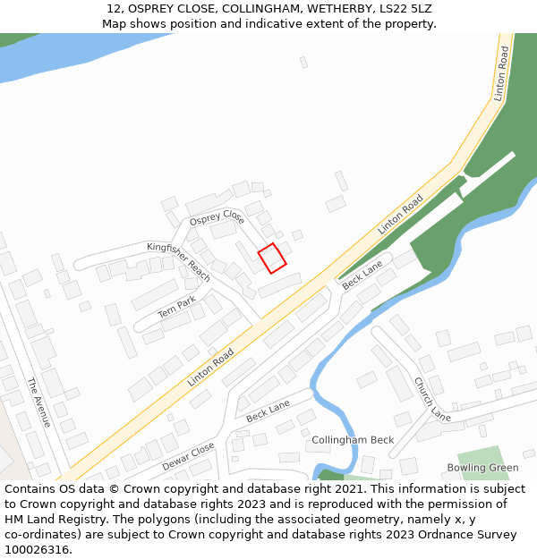 12, OSPREY CLOSE, COLLINGHAM, WETHERBY, LS22 5LZ: Location map and indicative extent of plot