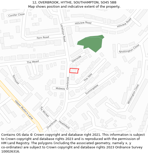 12, OVERBROOK, HYTHE, SOUTHAMPTON, SO45 5BB: Location map and indicative extent of plot