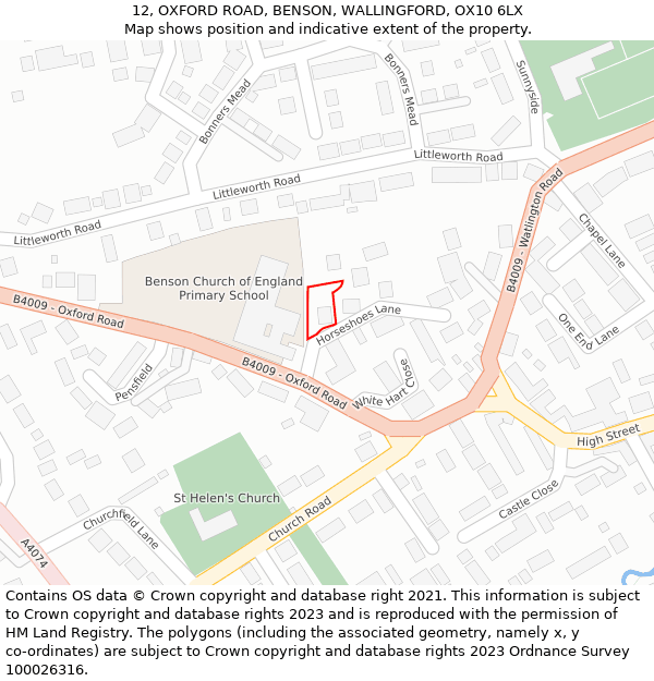 12, OXFORD ROAD, BENSON, WALLINGFORD, OX10 6LX: Location map and indicative extent of plot