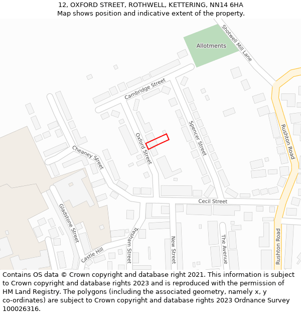 12, OXFORD STREET, ROTHWELL, KETTERING, NN14 6HA: Location map and indicative extent of plot