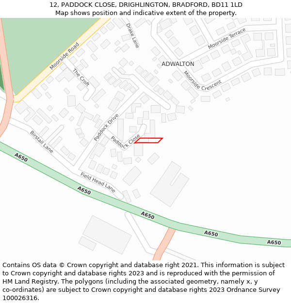 12, PADDOCK CLOSE, DRIGHLINGTON, BRADFORD, BD11 1LD: Location map and indicative extent of plot