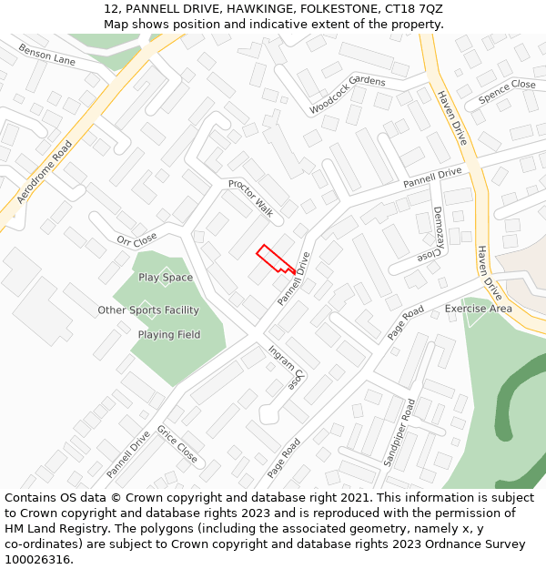 12, PANNELL DRIVE, HAWKINGE, FOLKESTONE, CT18 7QZ: Location map and indicative extent of plot