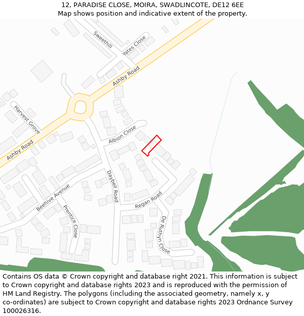 12, PARADISE CLOSE, MOIRA, SWADLINCOTE, DE12 6EE: Location map and indicative extent of plot