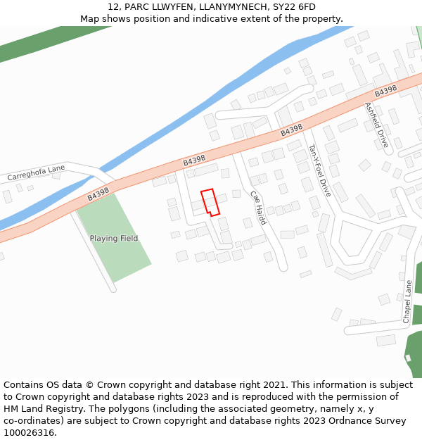 12, PARC LLWYFEN, LLANYMYNECH, SY22 6FD: Location map and indicative extent of plot