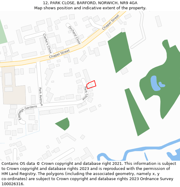 12, PARK CLOSE, BARFORD, NORWICH, NR9 4GA: Location map and indicative extent of plot