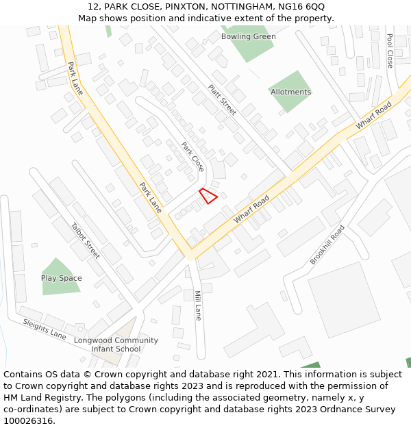 12, PARK CLOSE, PINXTON, NOTTINGHAM, NG16 6QQ: Location map and indicative extent of plot