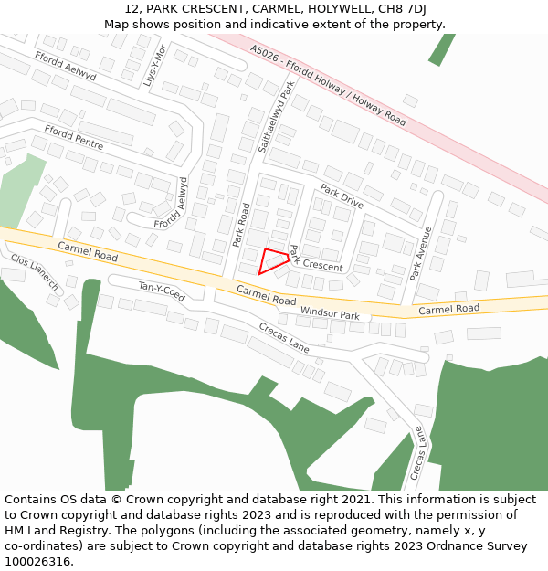 12, PARK CRESCENT, CARMEL, HOLYWELL, CH8 7DJ: Location map and indicative extent of plot