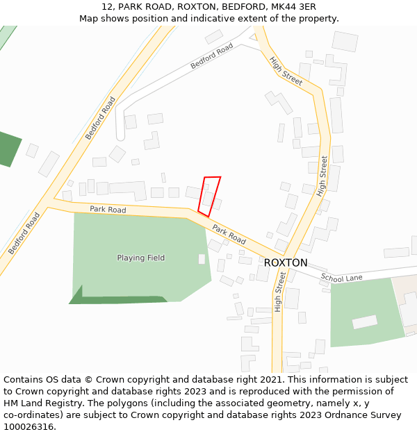 12, PARK ROAD, ROXTON, BEDFORD, MK44 3ER: Location map and indicative extent of plot