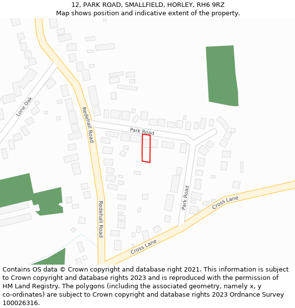 12, PARK ROAD, SMALLFIELD, HORLEY, RH6 9RZ: Location map and indicative extent of plot